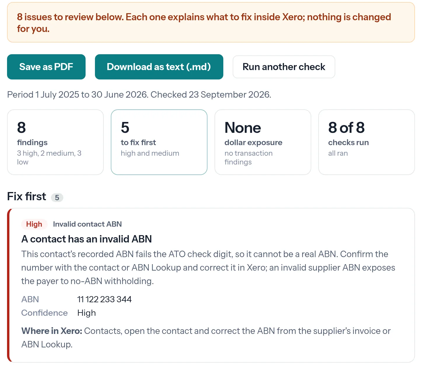 A TobyAI Xero health report: eight findings, five to fix first, eight of eight checks run, and the first finding, a contact with an invalid ABN, with where in Xero to correct it.